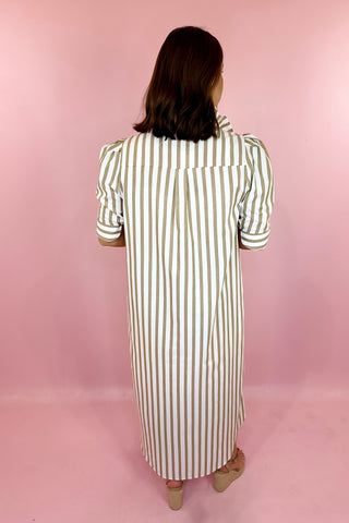 Adrienne: Nina Ruffle Collar Midi Dress Brown Ten Stripe