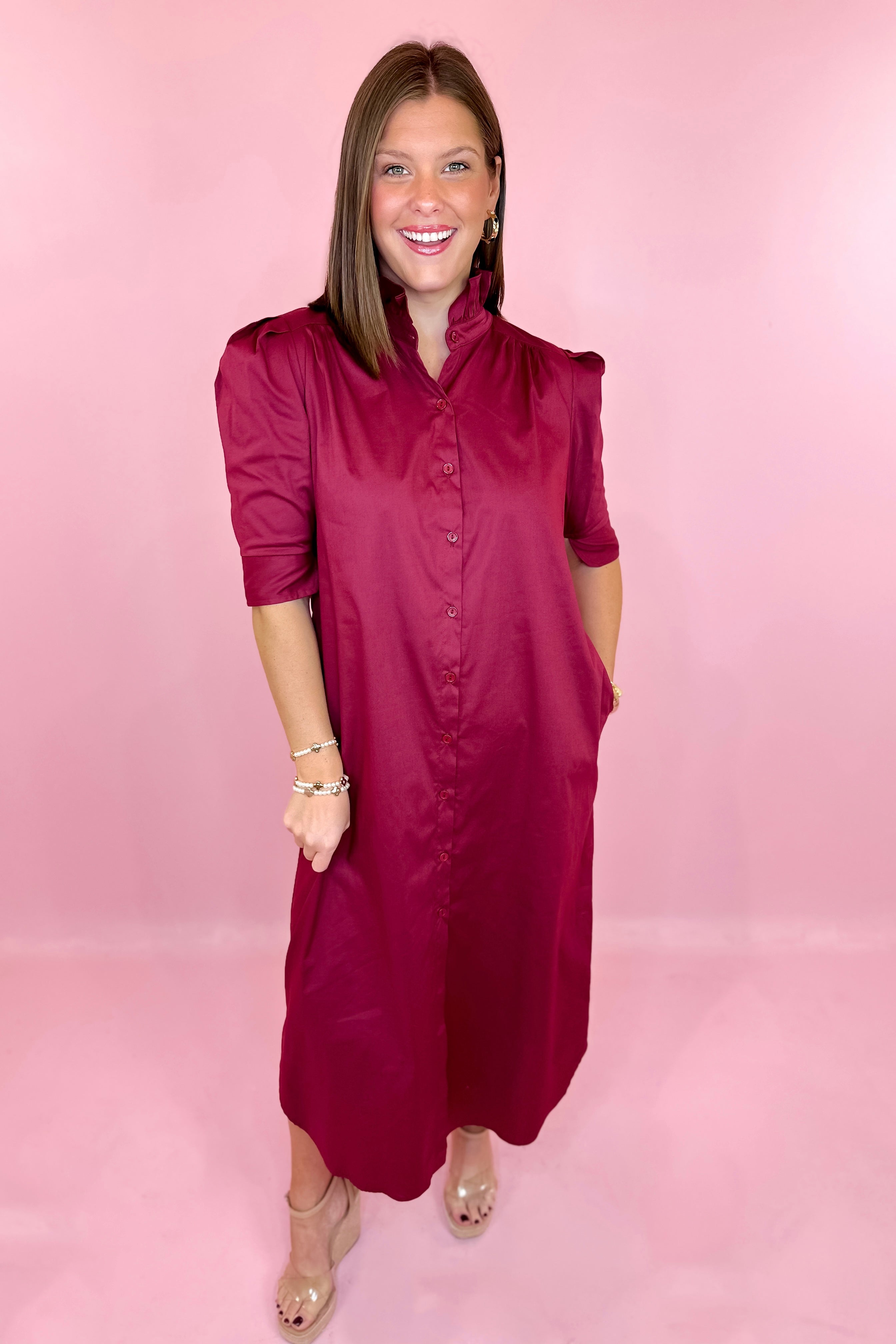 Adrienne: Nina Ruffle Collar Midi Dress - Burgundy Large Adrienne: Nina Ruffle Collar Midi Dress - Burgundy Large