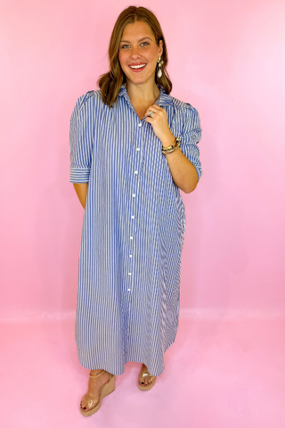 Adrienne: Nina Ruffle Collar Midi Dress Navy Stripe