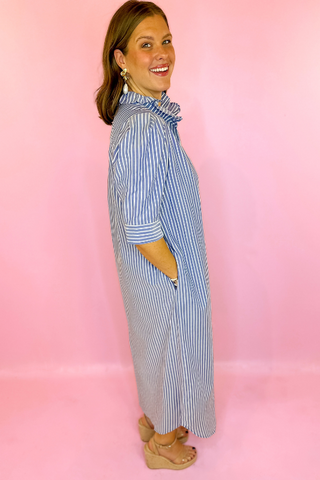 Adrienne: Nina Ruffle Collar Midi Dress Navy Stripe