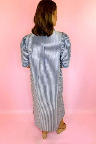 Adrienne: Nina Ruffle Collar Midi Dress Navy Stripe