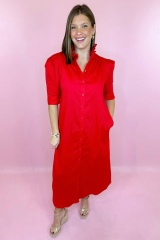 Adrienne Nina Ruffle Collar Midi Dress Red