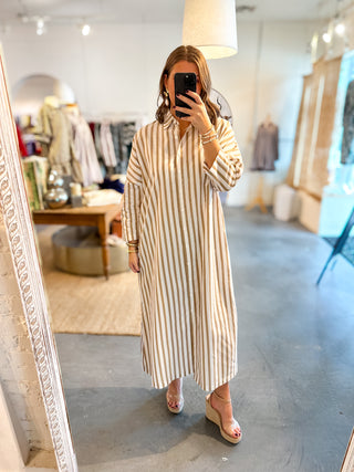 Adrienne: Regan Button Down Midi Dress Brown Ten Stripe