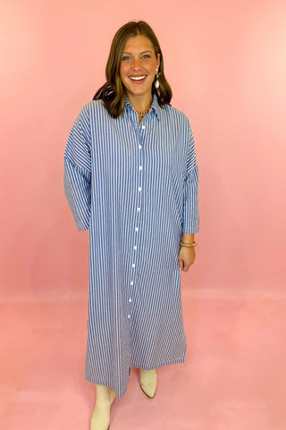 Adrienne: Regan Button Down Midi Dress Navy Ten Stripe