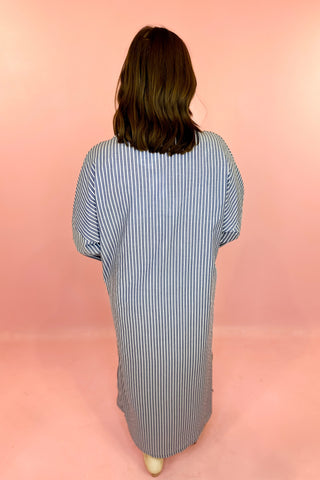 Adrienne: Regan Button Down Midi Dress Navy Ten Stripe