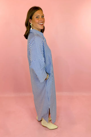 Adrienne: Regan Button Down Midi Dress Navy Ten Stripe