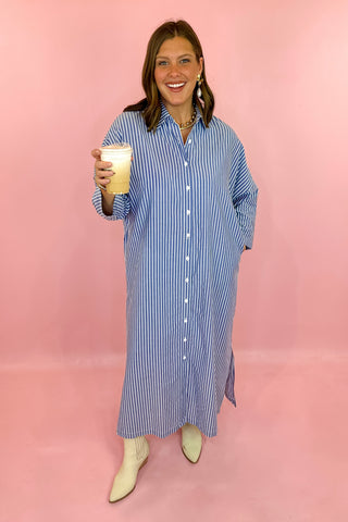Adrienne: Regan Button Down Midi Dress Navy Ten Stripe