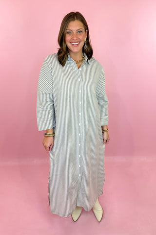 Adrienne: Regan Button Down Midi Dress Olive Ten Stripe