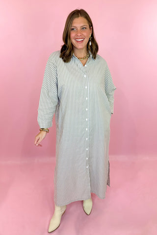 Adrienne: Regan Button Down Midi Dress Olive Ten Stripe