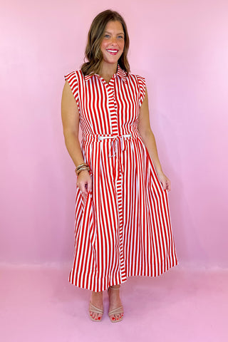 Afternoon Like This Striped Midi Dress- Red