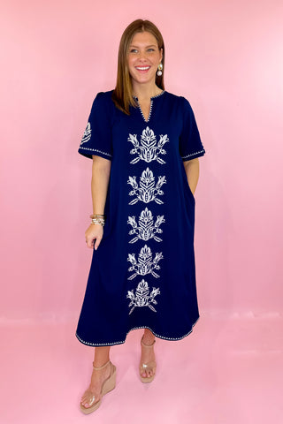 Embroidered Midi Dress Navy