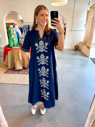 Embroidered Midi Dress Navy