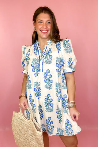 Floral Mini Dress Cream/Blue