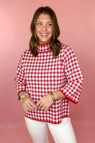 Gingham Mock Neck Sweater Red