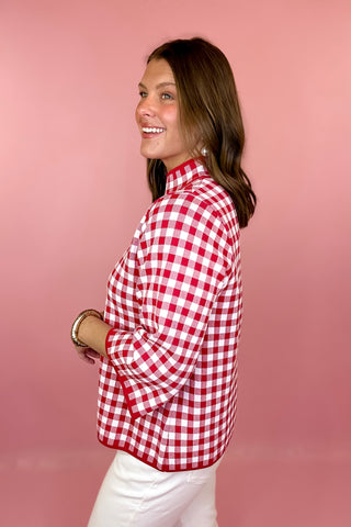 Gingham Mock Neck Sweater Red