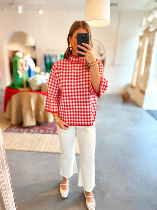 Gingham Mock Neck Sweater Red