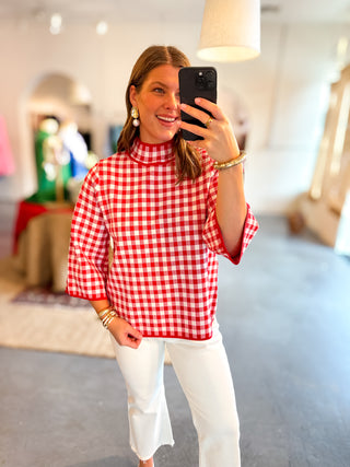 Gingham Mock Neck Sweater Red