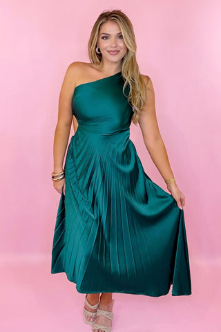 green satin pleated dress one shoulder side cut out