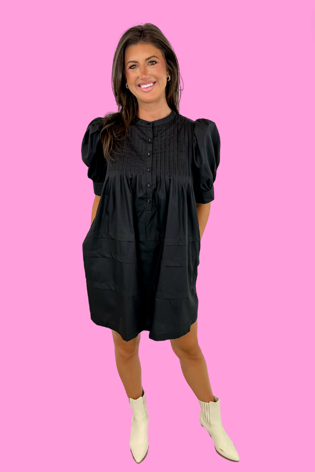 Flowy black dress with pintuck detailing