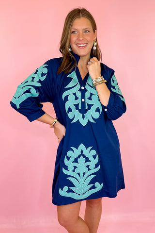 Embroidered Mini Dress Navy