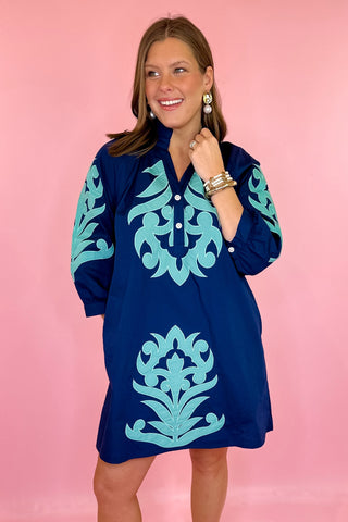 Embroidered Mini Dress Navy