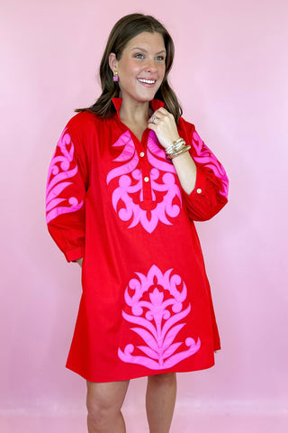 Embroidered Mini Dress Red