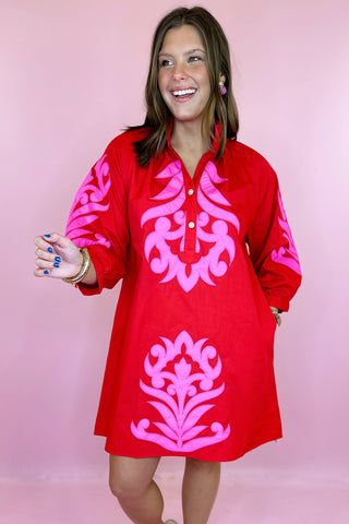 Embroidered Mini Dress Red