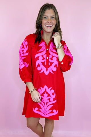 Embroidered Mini Dress Red