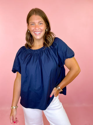 solid navy round neck top