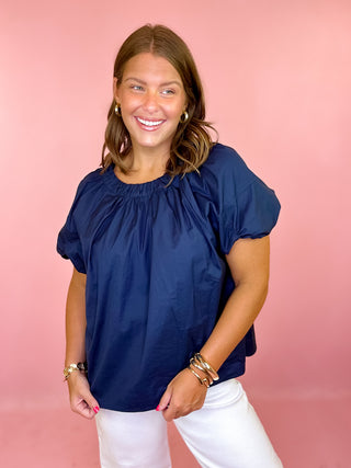solid navy round neck top