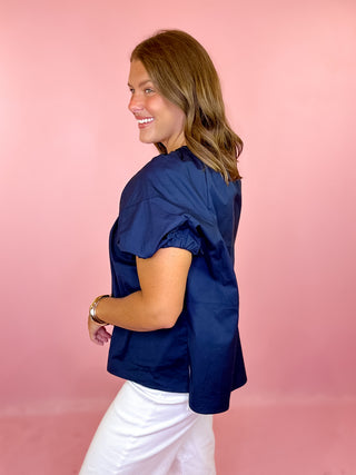 solid navy round neck top