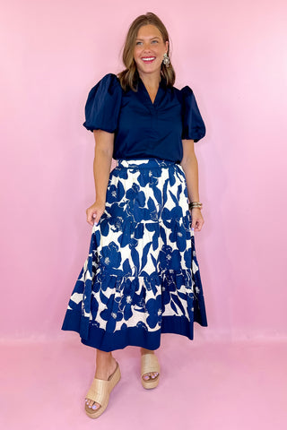  Floral Midi Skirt Navy