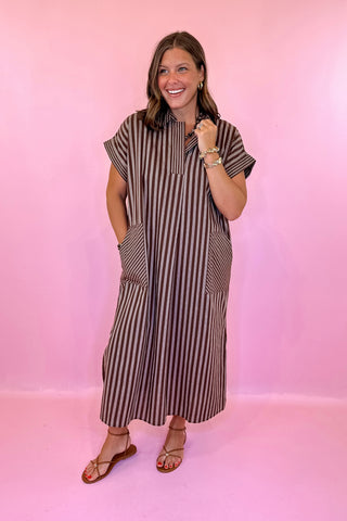 Drawn To You Striped Midi Dress - Brown