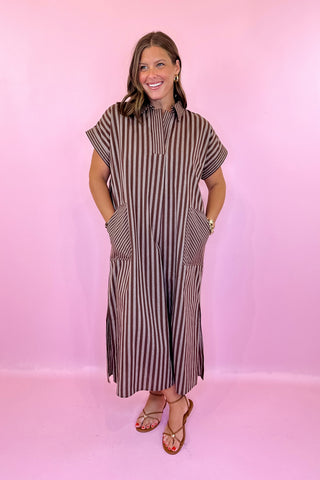 Drawn To You Striped Midi Dress - Brown