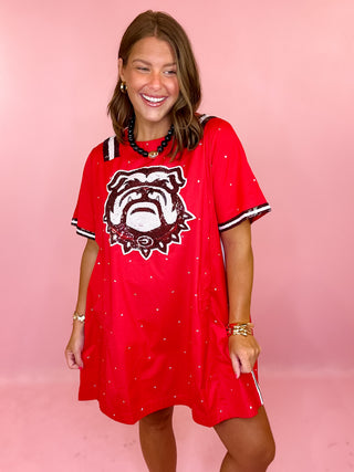 Queen Of Sparkles: Licensed UGA Cotton Scattered Jewel Sequin Mascot Jersey Short Sleeve Dress