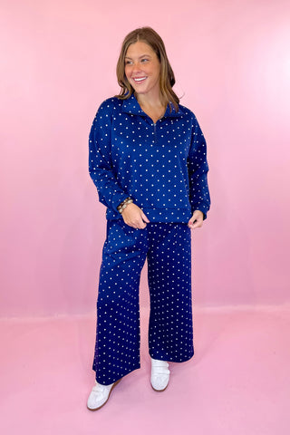 Polka Dot Half Zip Pullover & Wide Leg Pant Scuba Knit Set - Navy