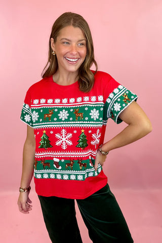 Queen Of Sparkles: Red & Green Striped Snowflake Christmas Icon Tee
