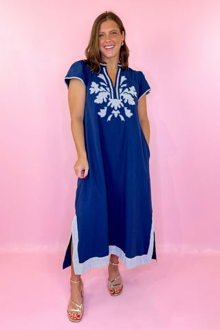 Say It Again Embroidered Midi Dress - Navy