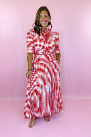 Adrienne: Aerin Seersucker Gingham Midi Skirt - Red
