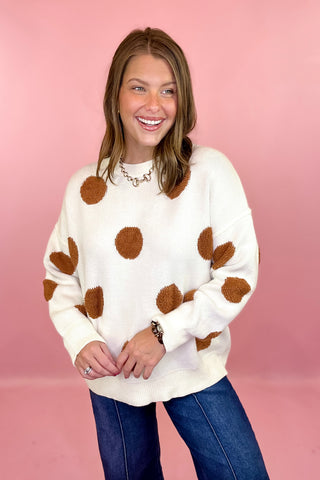 Oversized Textured Polka Dot Knit Sweater - Ivory/Brown