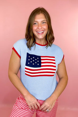 American Flag Short Sleeve Sweater - Light Blue