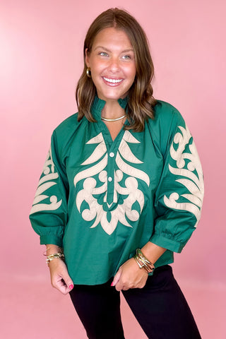Schedule Me In Embroidered Top - Hunter Green