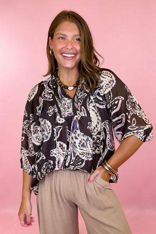 Worth A Closer Look Paisley Floral Top- Brown