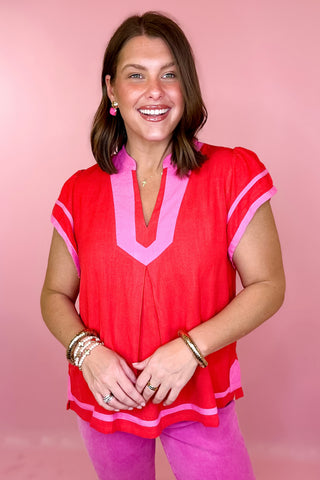 Linen Ruffle Top Red/Pink