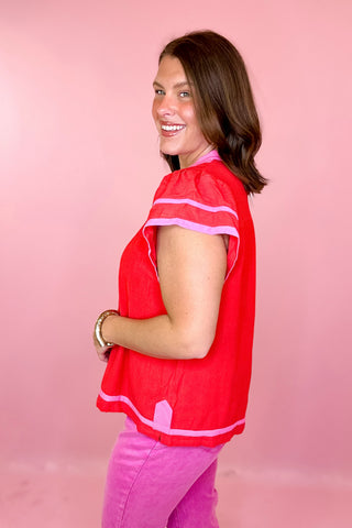 Linen Ruffle Top Red/Pink