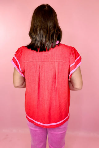 Linen Ruffle Top Red/Pink