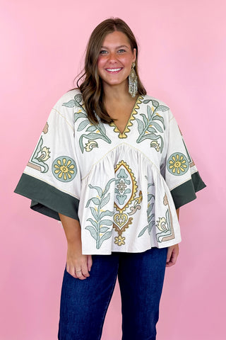 olive green Embroidered top