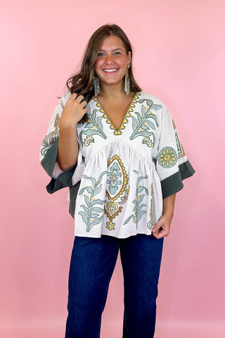 olive green Embroidered top