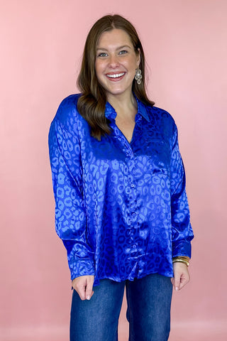 Plus size satin leopard button down top