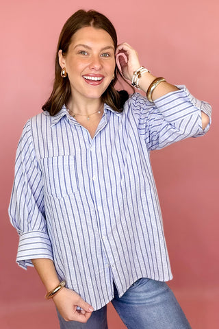 blue striped button down top oversized casual 